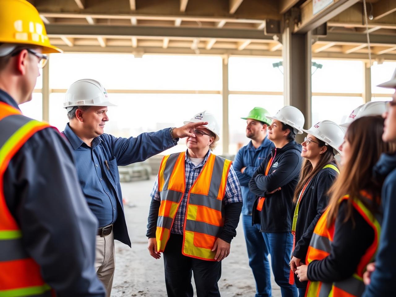 A superintendent leading a group of students through an active construction site