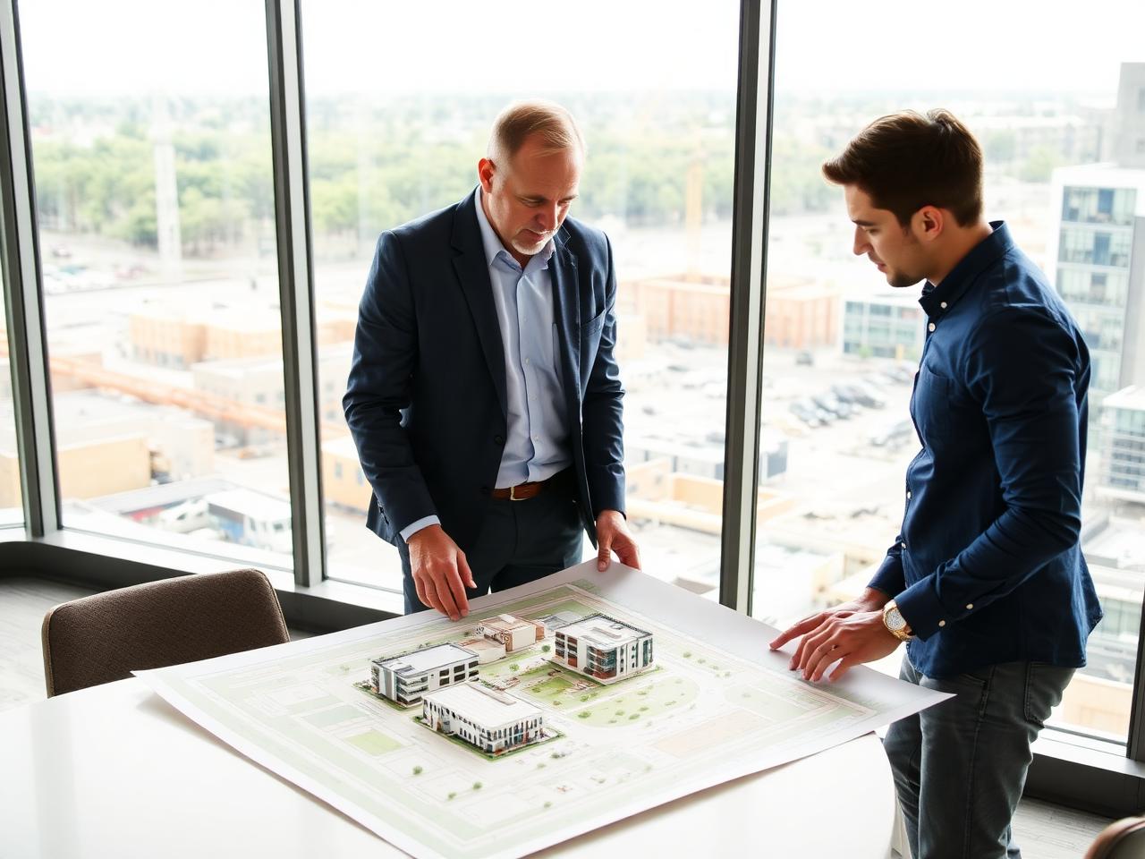 A developer reviewing a project model with a young professional
