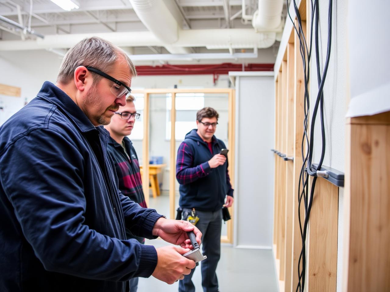 Technical school students practicing framing and wiring in a training lab