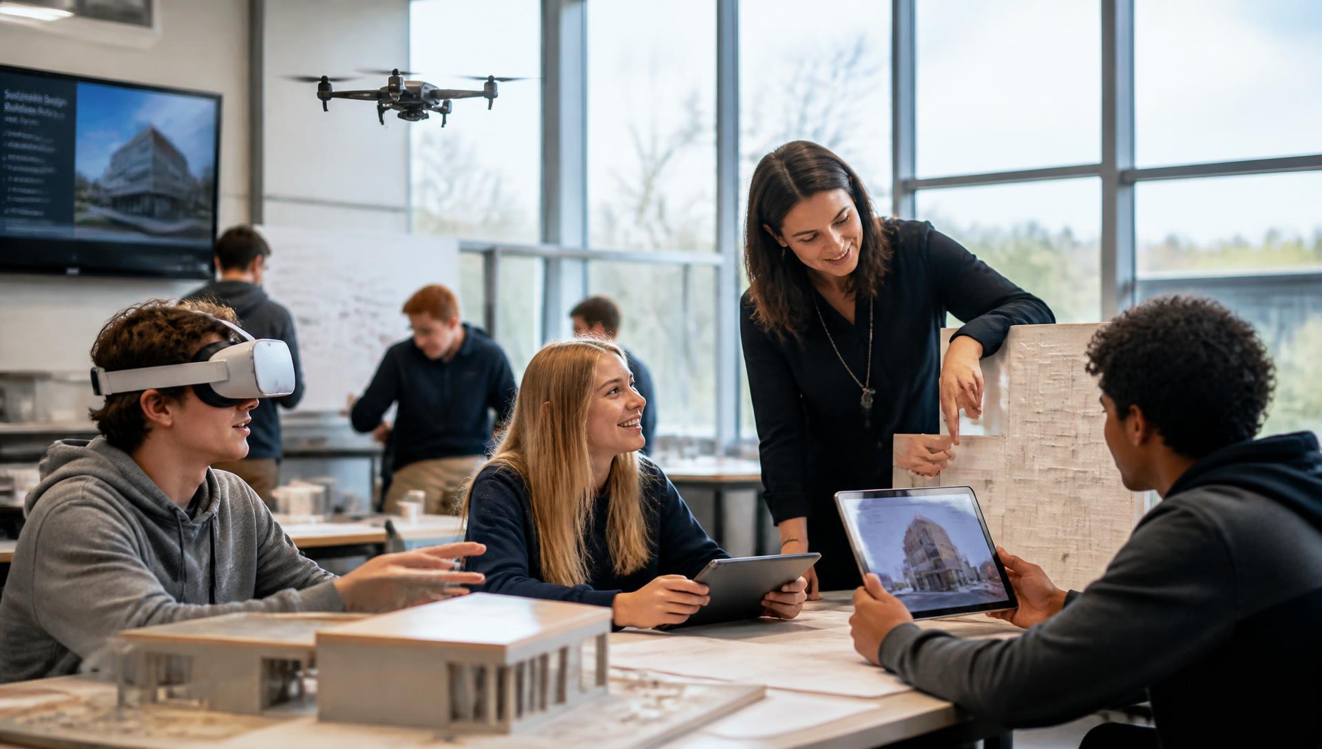 High school students exploring drones, virtual reality and building models with professionals in an innovation center