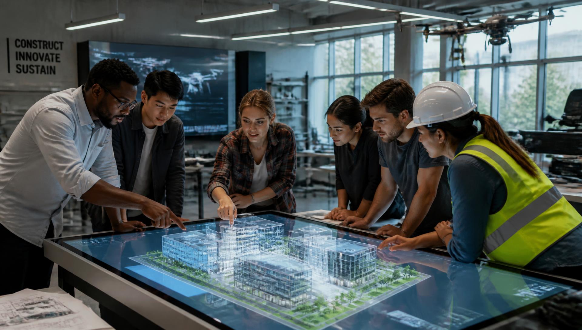 Students, engineers and construction professionals gathered around a digital building model in an innovation studio