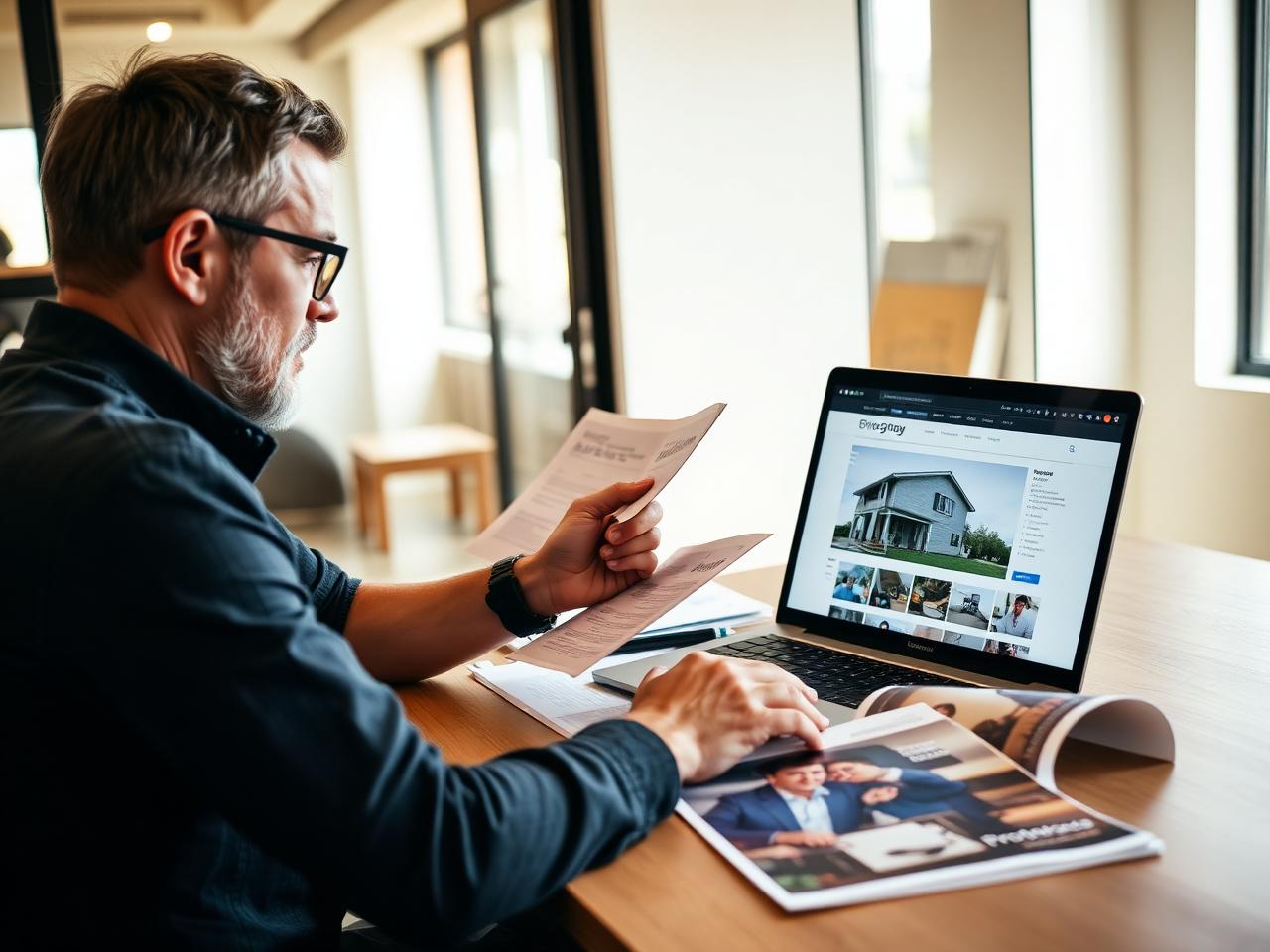 A construction business owner reviewing their brand materials and company website