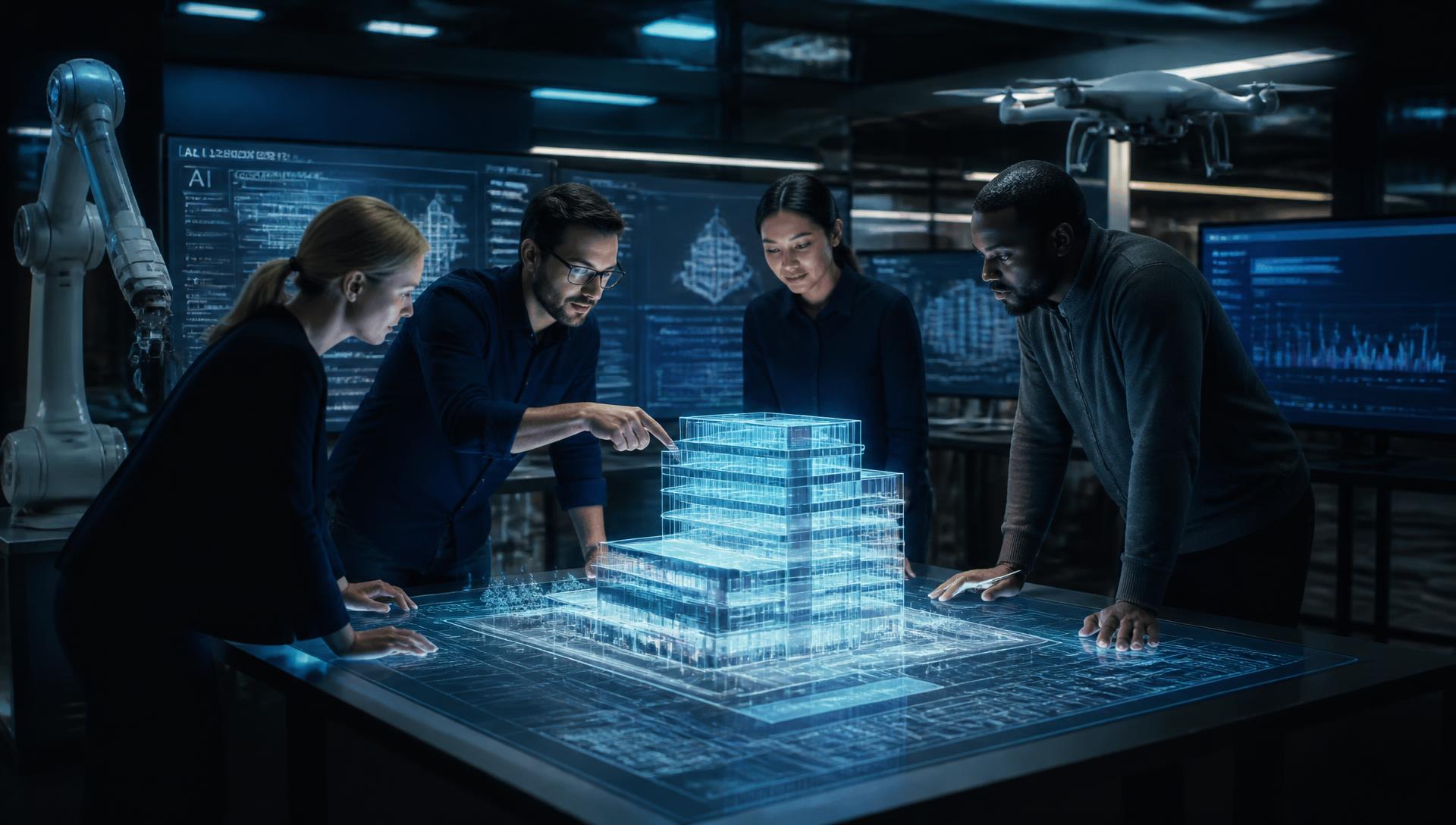 A team of construction technology professionals collaborating around a glowing digital twin model in an innovation lab