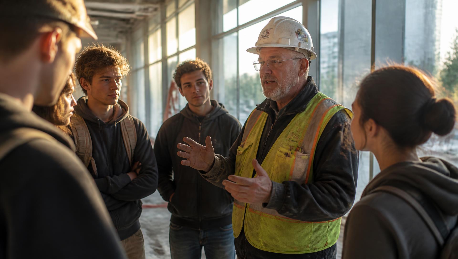 An experienced construction superintendent speaking with a group of young apprentices inside a newly completed building