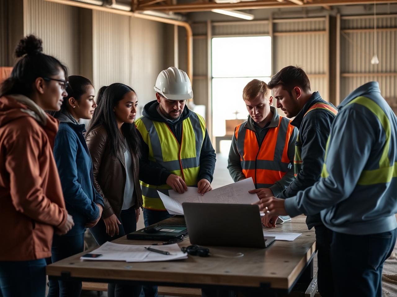 Students, a contractor and an engineer working through drawings together on a jobsite table