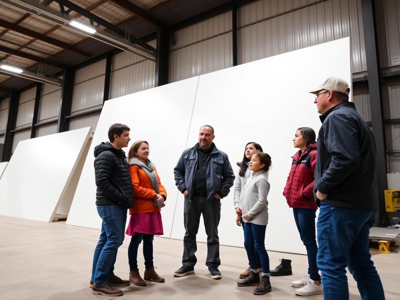 Family and students touring a structural insulated panel manufacturing facility