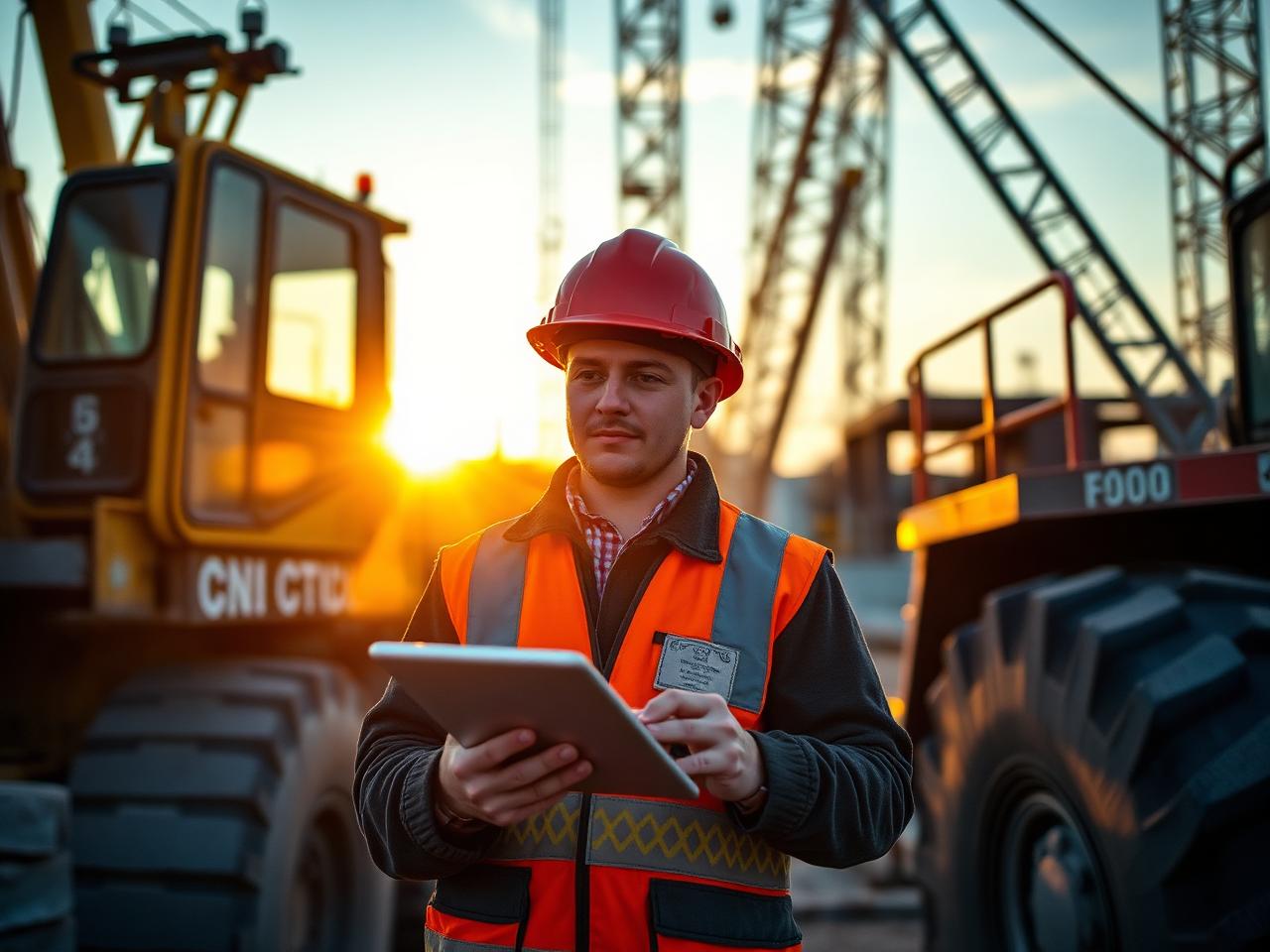 Equipment operator with a tablet beside heavy equipment at golden hour