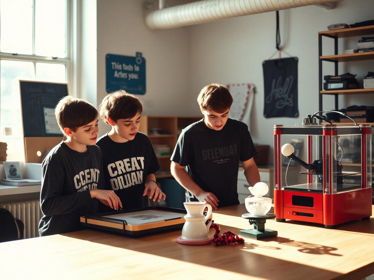 Teenagers screen printing apparel and running a 3D printer in a bright workshop