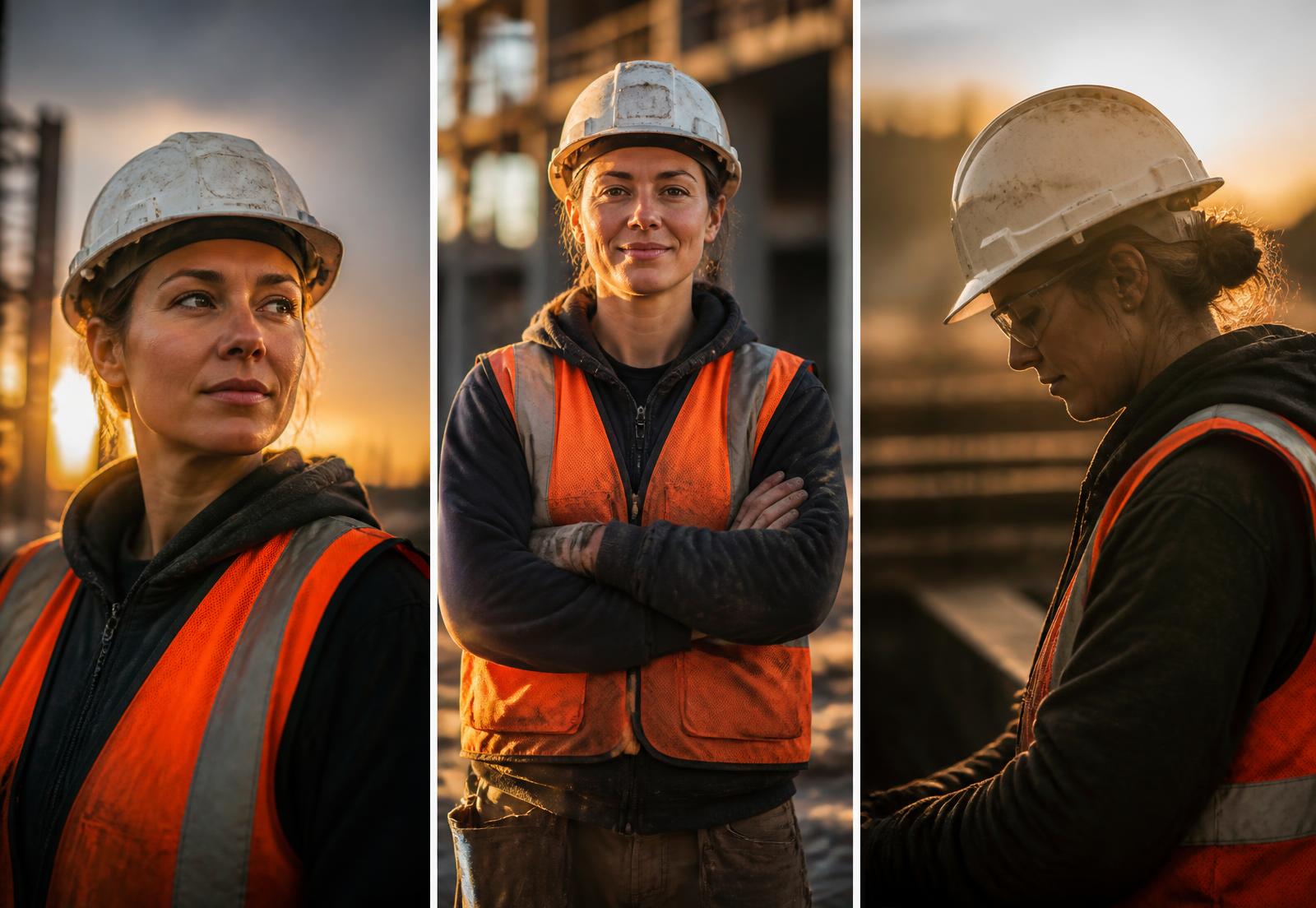 Portraits of craft professionals on a construction site at golden hour