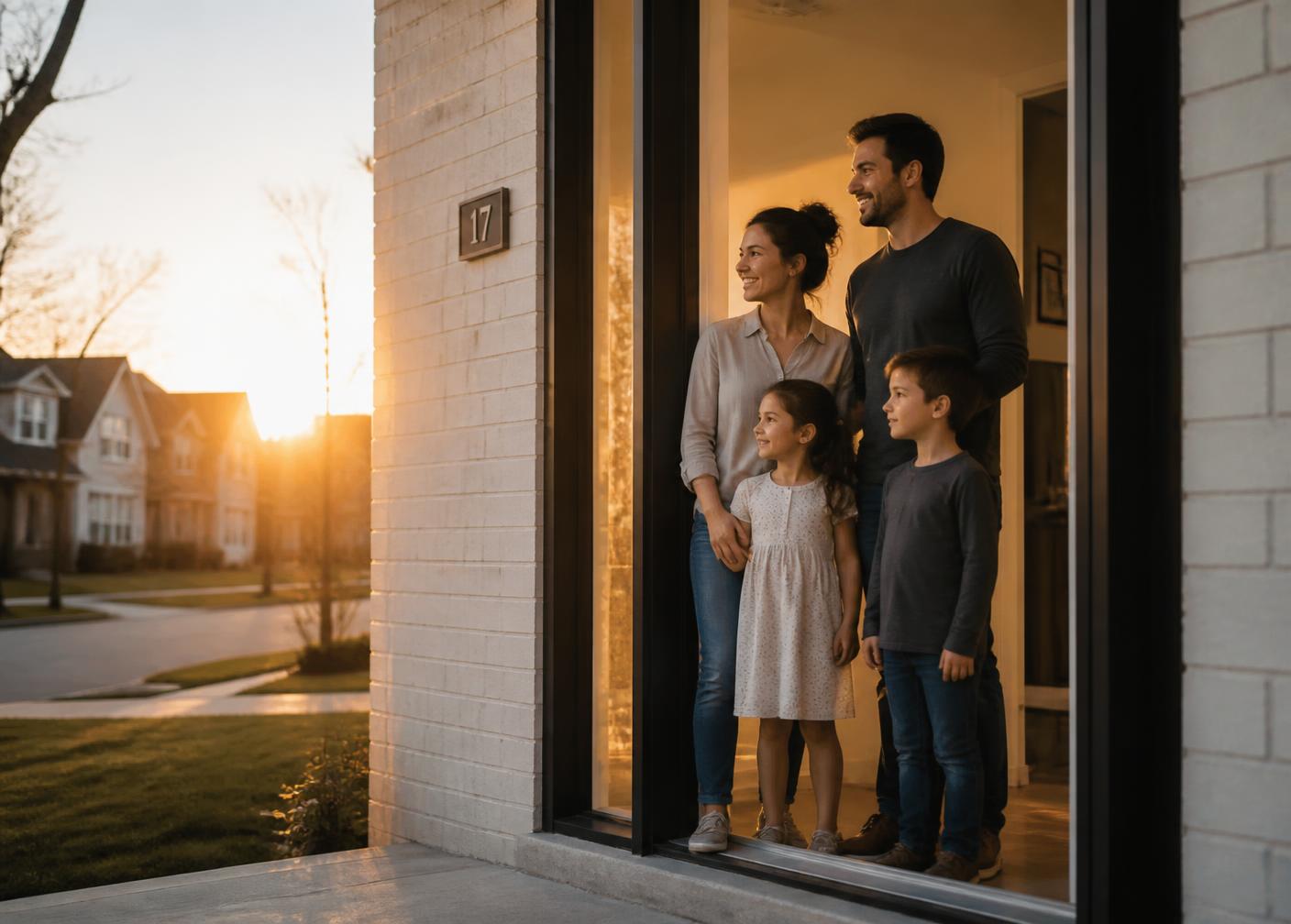 A family standing in the doorway of their newly finished home at golden hour