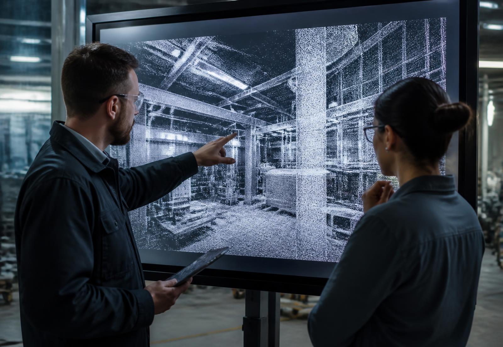 A technologist and an architect studying a laser scan point cloud on a large screen