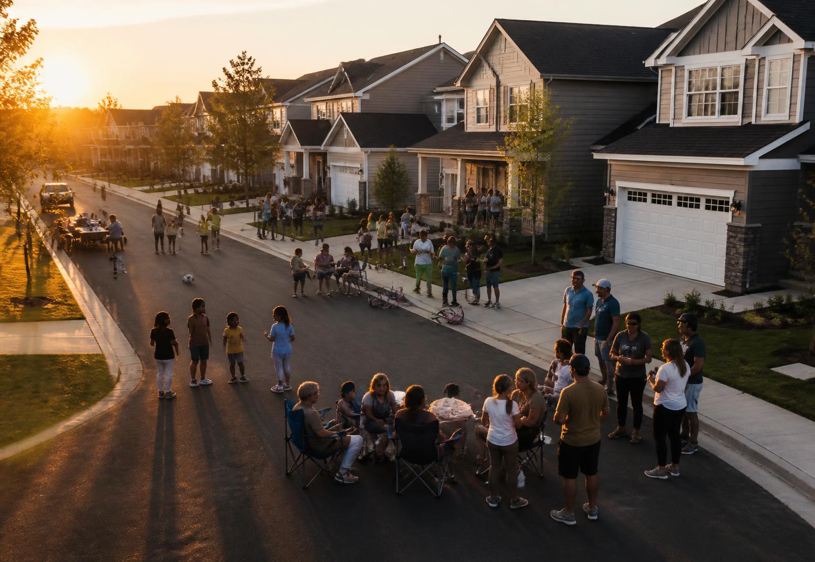 Neighbors and children gathered together on a quiet residential street at sunset