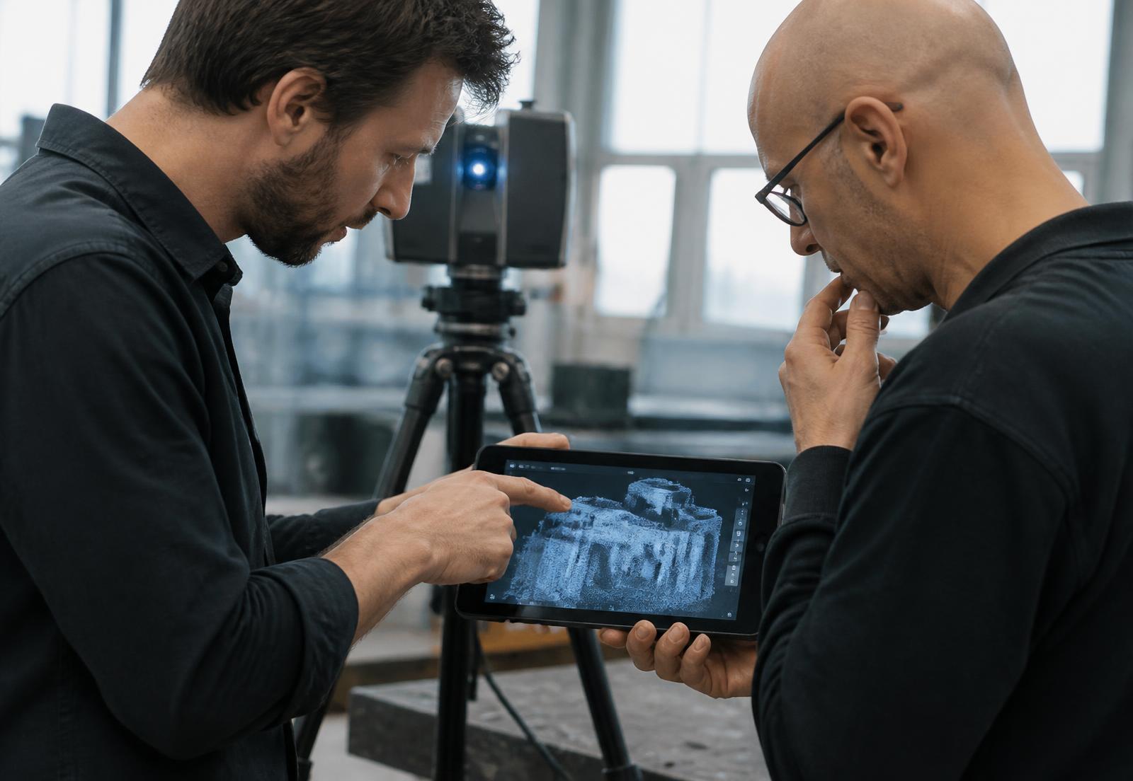 Two engineers reviewing a laser-scanned model of a building on a tablet