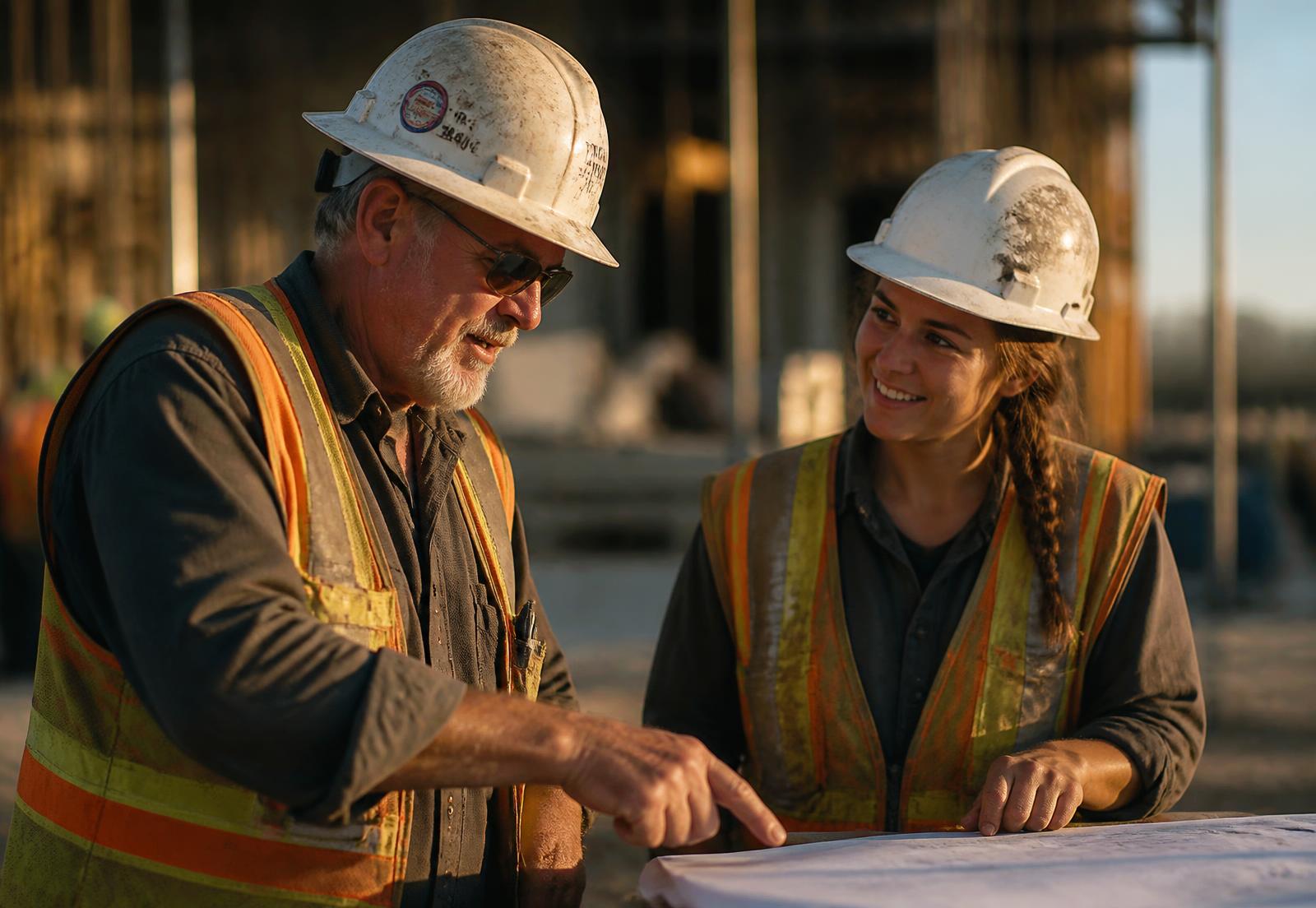 An experienced construction professional mentoring a young apprentice on site