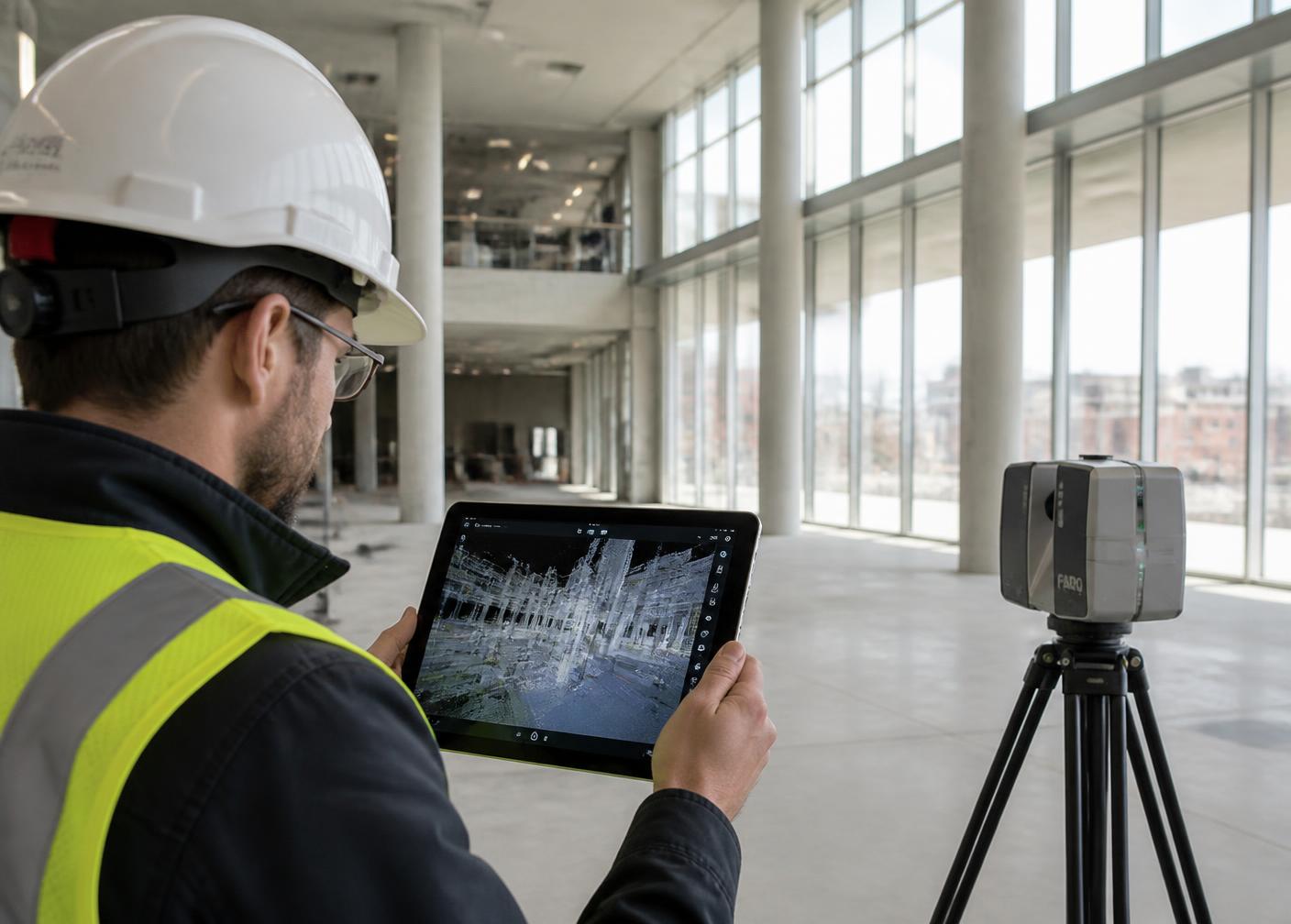 An engineer reviewing a digital twin model on a tablet beside a laser scanner