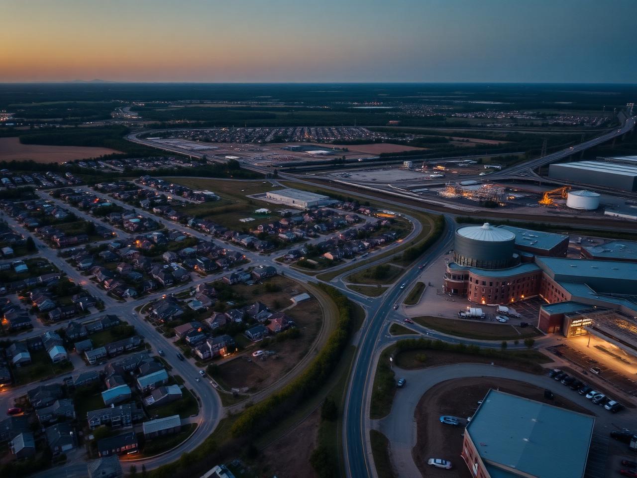 Aerial view of a growing community with new housing, roads and a manufacturing facility at dusk