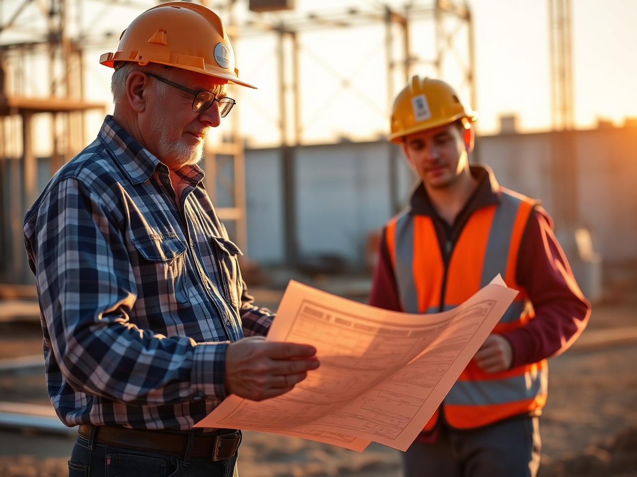 A veteran superintendent walking a young apprentice through drawings on a jobsite at golden hour