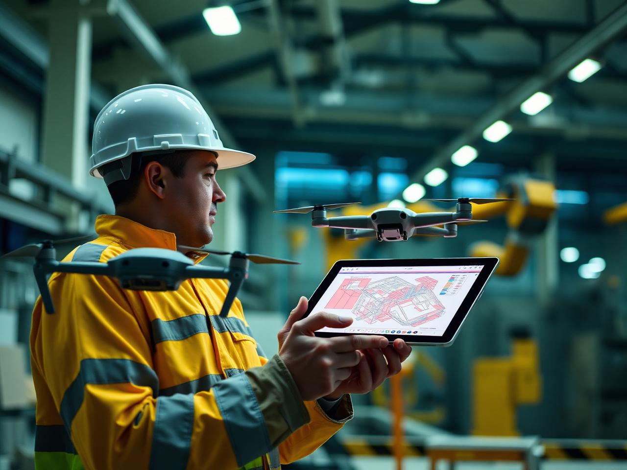 A construction technologist flying a drone while reviewing a building model on a tablet inside a modern prefabrication facility