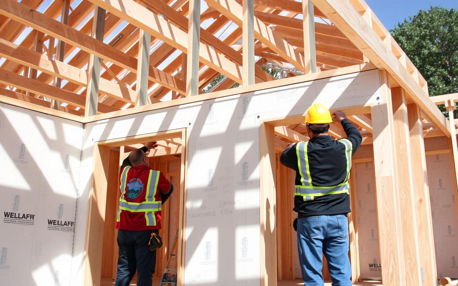 Structural insulated panels and steel framing being assembled