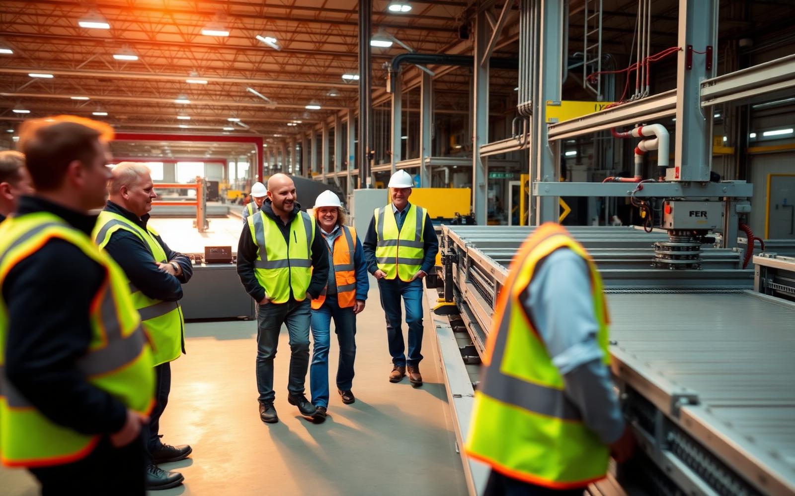 Visitors touring a building-components manufacturing facility