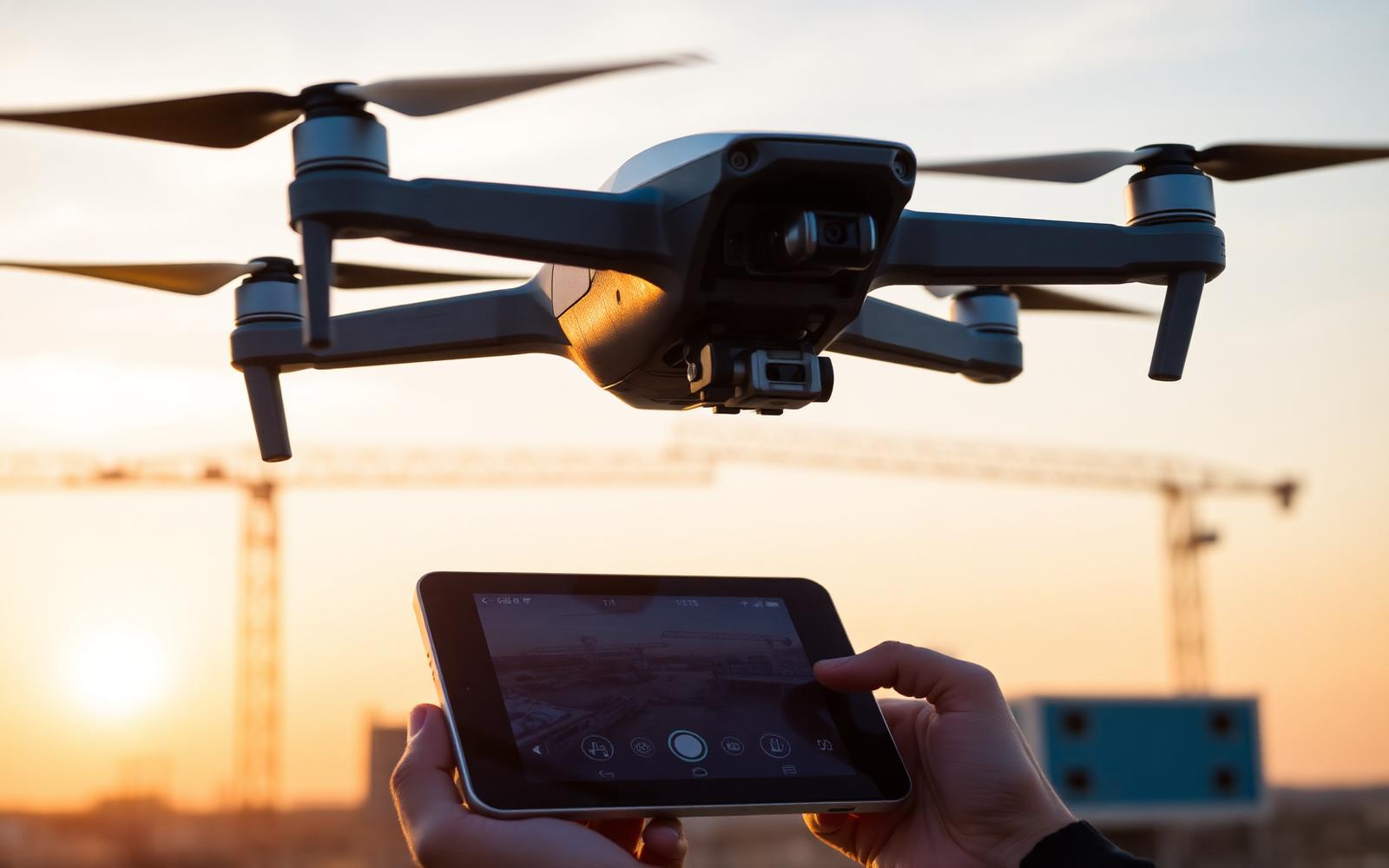 Drone operator capturing a live view of a construction jobsite